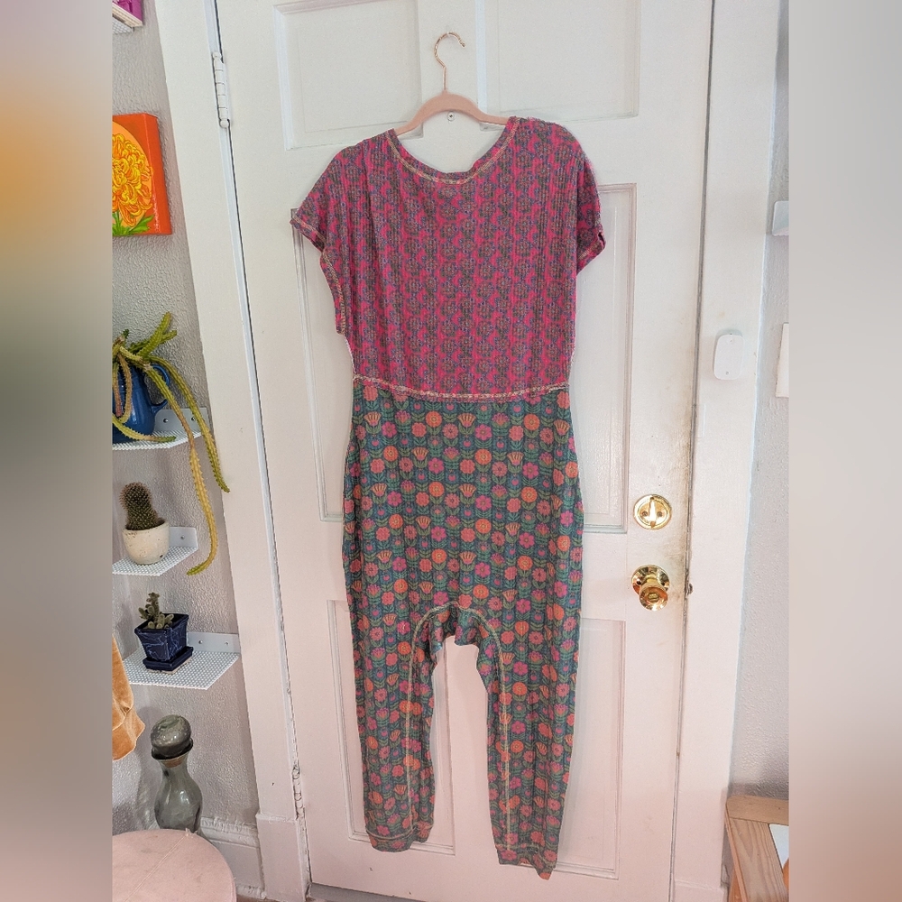 Natural Life Waffle Knit 100% Cotton Pink and Green Jumpsuit Pajamas - Picture 3 of 3